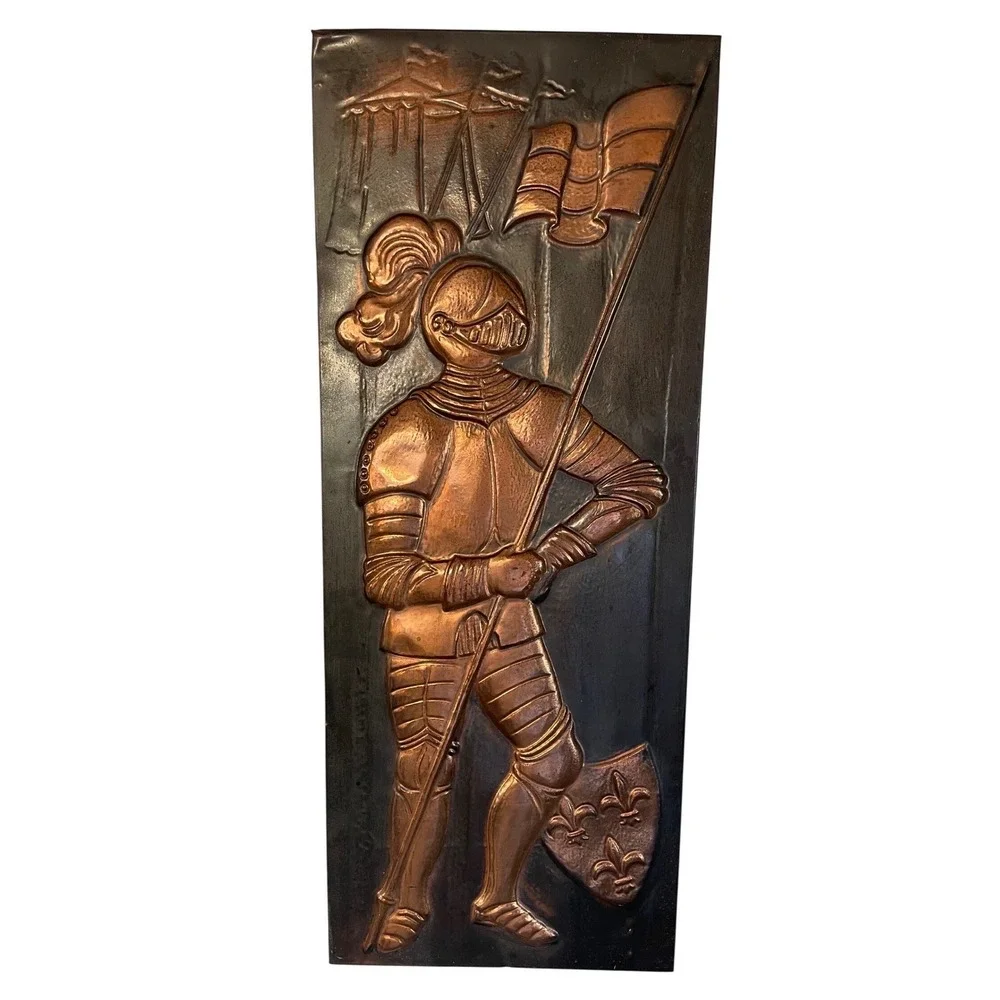 Vintage 3D Medieval Copper Knight Wall Art Plaque Embossed Metal Fleur -De-Lis